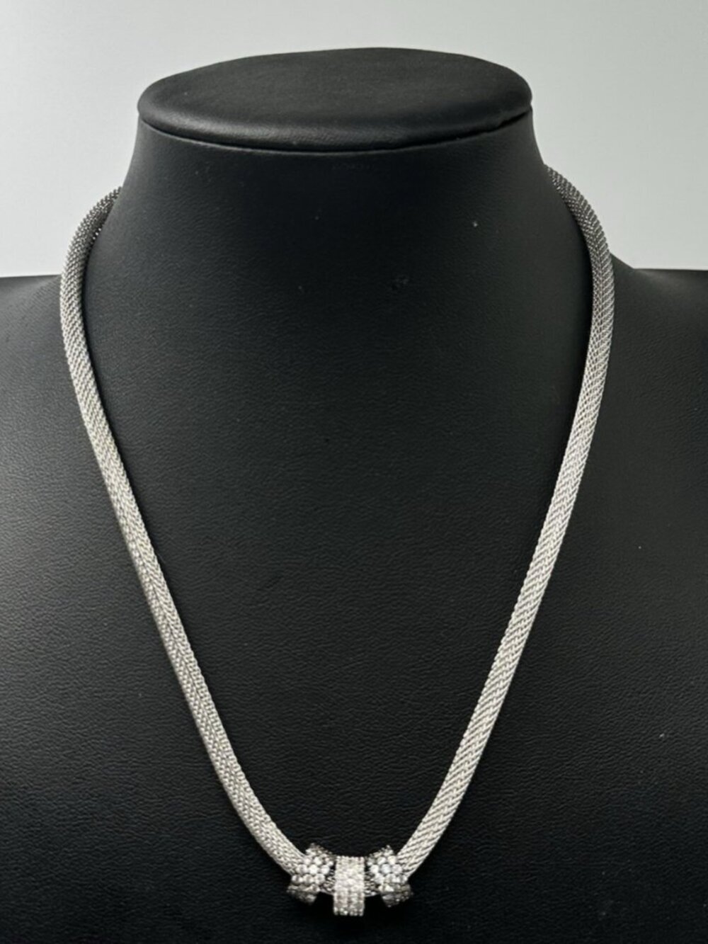 3/$30 Woven Mesh Chain Necklace Silver Pave Accent Slider Charms Magnetic Clasp